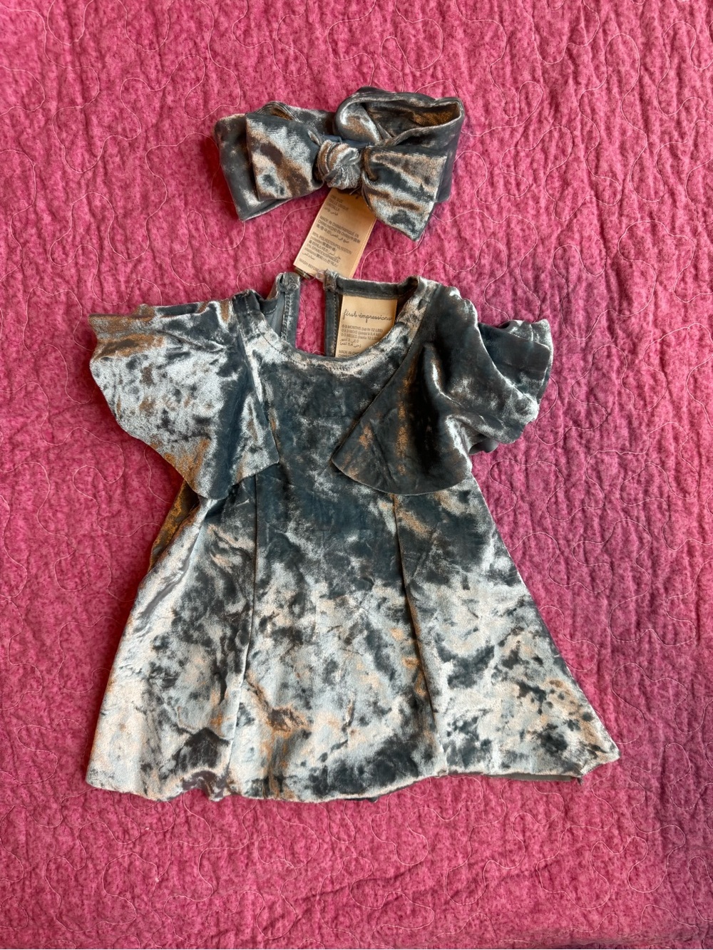 First Impressions  light blue Velvet Baby Dress with Bow Headband